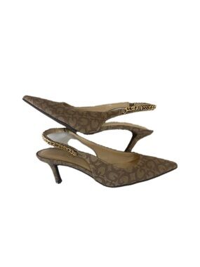 GUESS Brown Logo Slingback Kitten Heels with Gold Chain